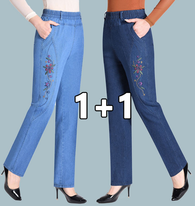 꽃소담 1+1 중년여성 봄 밴딩 스판 자수 일자 청바지 엄마 가을 데님 팬츠 MXP26A27