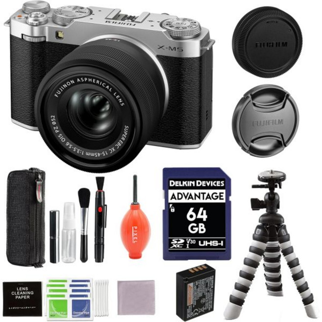 후지필름 XM5 미러리스 카메라와 XC 1545mm f3.55.6 렌즈블랙 번들 세트 유연한 삼각대 64GB SD 카드 및 추가 액세서리, Silver, Starter