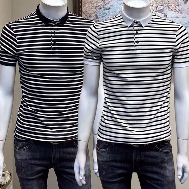 ROYALBELLE 남성 카라 스트라이프 슬림핏 반팔 비즈니스 캐주얼 티셔츠 D01031105