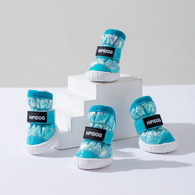 겨울용 두꺼운 기모 보온 반려견 스노우부츠 그라데이션 디자인 중소형견 방한 미끄럼 방지 외출용 발커버 4pcs, 초록색