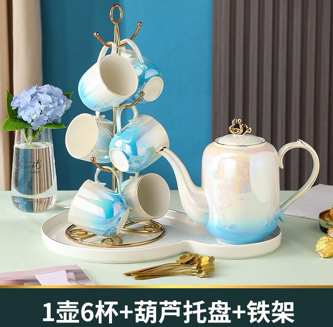 流光珍珠釉陶瓷茶具組, 1個, 藍帶架組With Stand