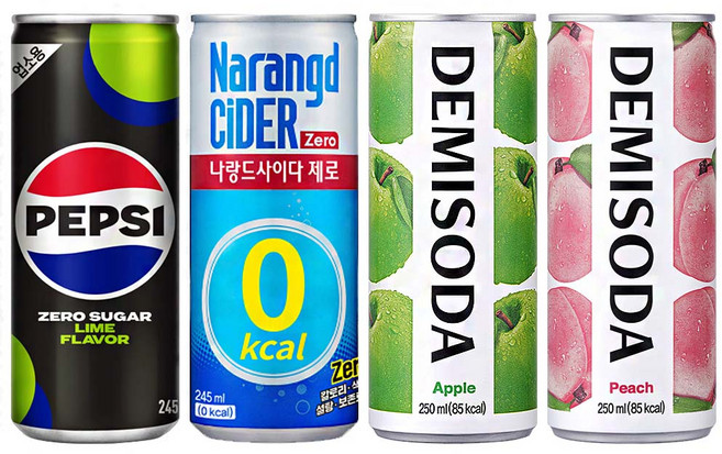 [중앙몰] 탄산혼합세트 60캔 (제로 펩시콜라+나랑드 사이다+데미소다 사과+복숭아)+메세지스티커, 1세트, 245ml