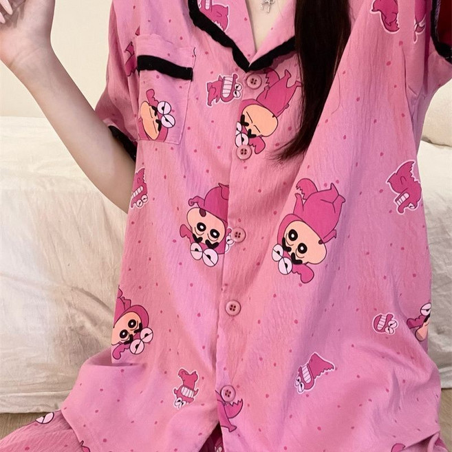 ins風 可愛黑波點卡通睡衣套裝 短袖短褲學生家居服