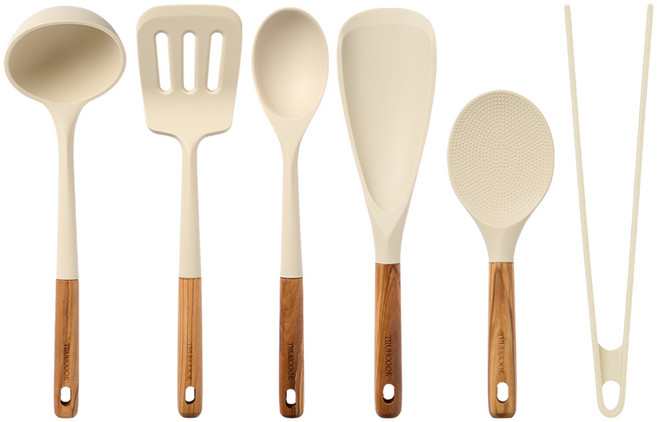트루쿡 이탈리아산 올리브 실리콘 조리도구 6종 세트, 1세트, 베이지, 국자+뒤집개+서빙스푼+멀티스푼+주걱+집게