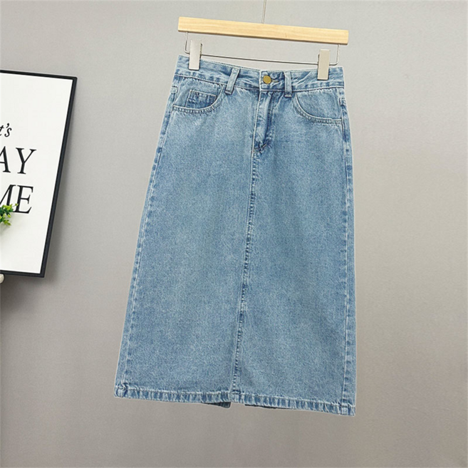 VEZRI 여성 데님 스커트 미디 기장 에이라인 바디콘 하이웨이스트 힙 가리개 베이식 인스타일 디테일 슬릿 F88