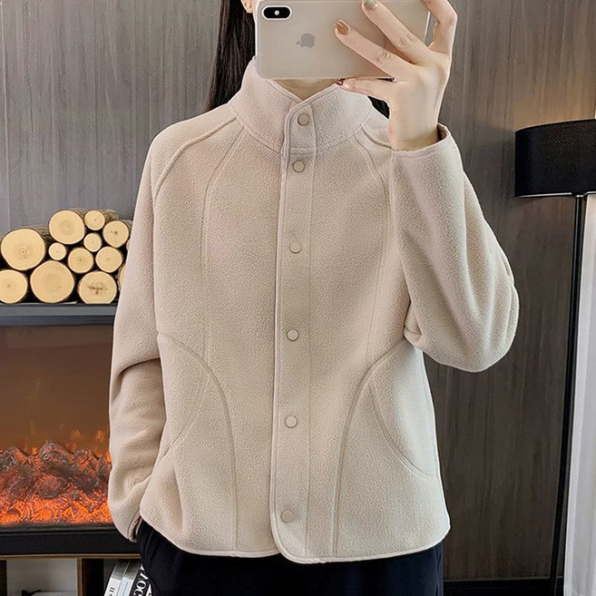 POMTOR 가을 겨울 여성용 후리스 재킷 캐주얼 간절기 스탠드 칼라 방한 방풍 기모 상의 빅 사이즈