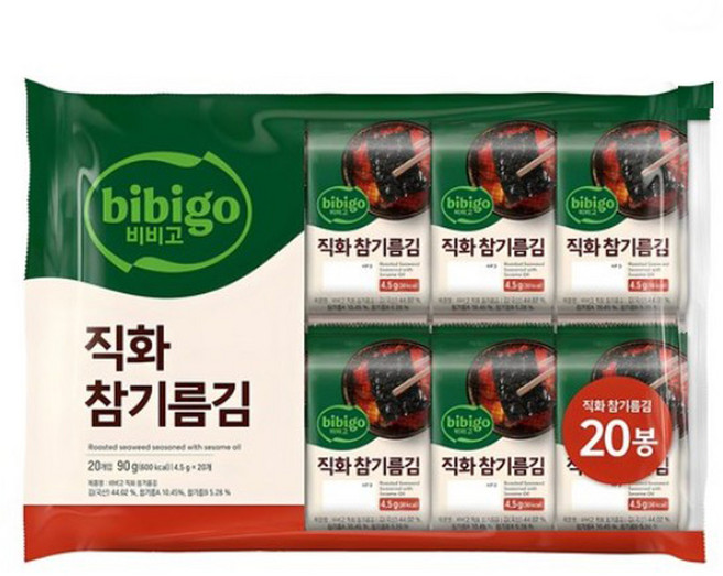 비비고 직화 참기름김 20봉, 90g, 1개