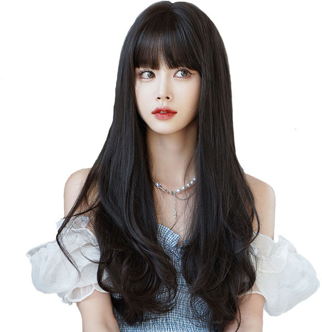 에타이피 롱웨이브 볼륨 펌 셋팅 흑갈색 앞머리가 있는 긴머리 전체 통가발 65cm, 1개, 에쉬 브라운