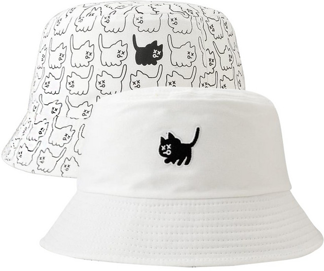 엑스오엑스 캣 여성 골프 버킷햇 벙거지모자 리버시블 양면 버킷햇, 화이트 캣, 1개