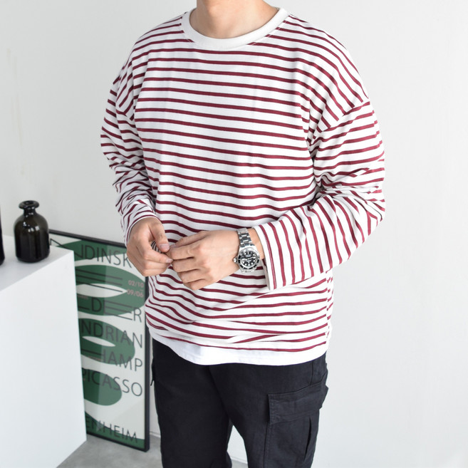 1+1 남녀공용 베이직 세인트 단가라 라운드 긴팔티셔츠