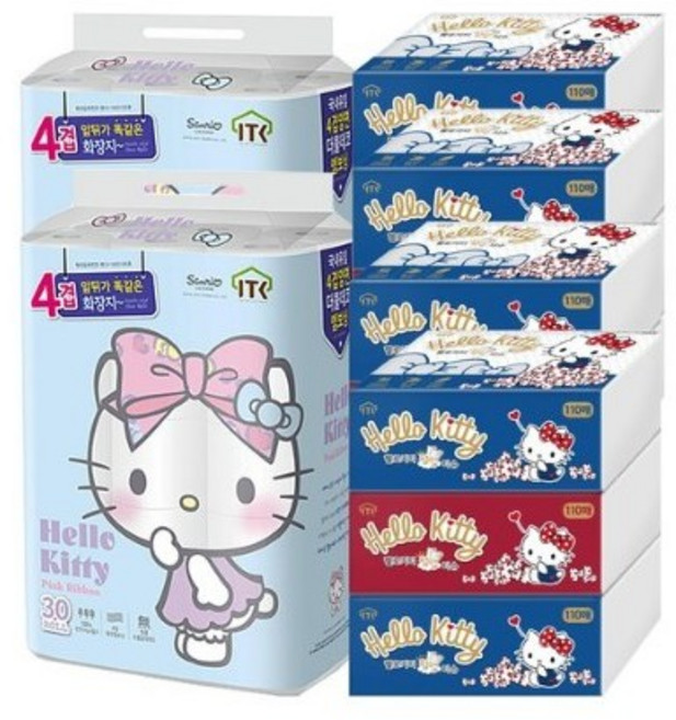 헬로키티 4겹 핑크리본 30롤 2팩 + 팝업골드(3입) 4팩, 1세트