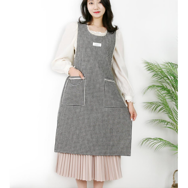 면 린넨 체크 앞치마 끈 단추 여름 워싱 예쁜 유치원 어린이집 원피스 선생님 보육교사 앞치마 린다스 에이프런샵, 1개, 끈타입 블랙
