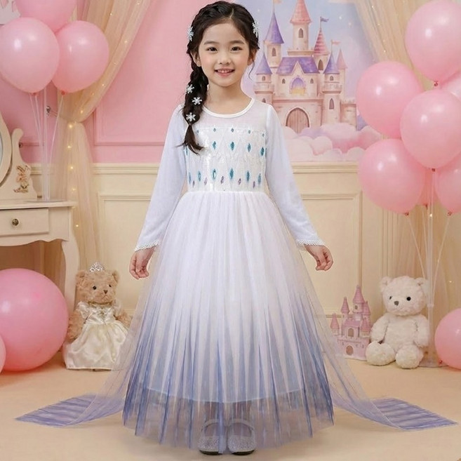 모모토리 유아 여아 어린이 KC 인증 자체제작 긴팔 프린세스 화이트 엘사 공주드레스 생일 할로윈 크리스마스