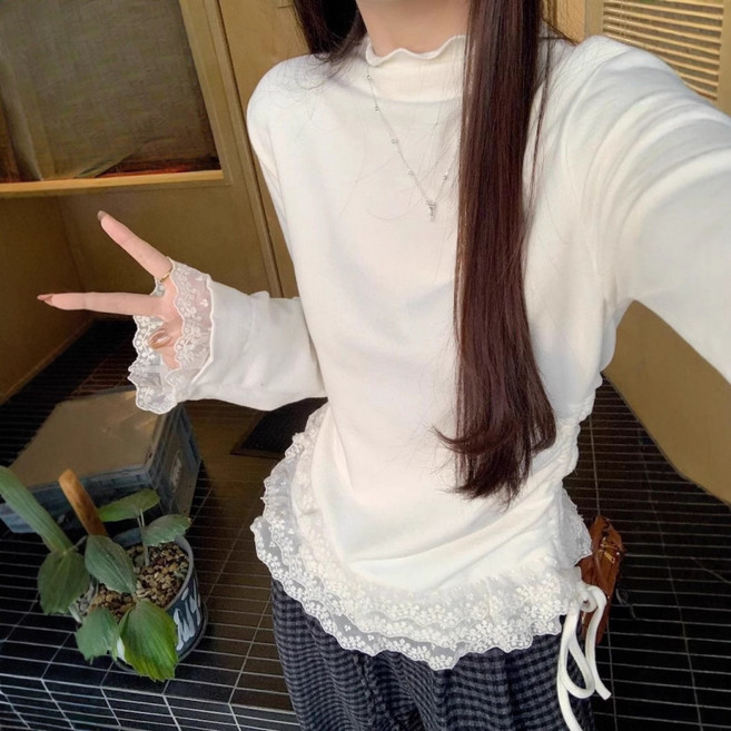 해피유통 여성 레이스 밑단 하이넥 긴팔 티셔츠 상큼하고 우아한 디자인 XG20