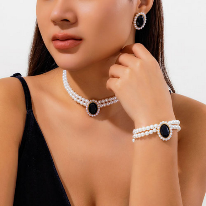여성 파티 공연 큐빅 진주 두줄 레이어드 목걸이 팔찌 귀걸이 3종 A717