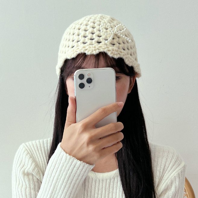 동대문모자 진주 리본 니트 비니 겨울 여성 털 모자