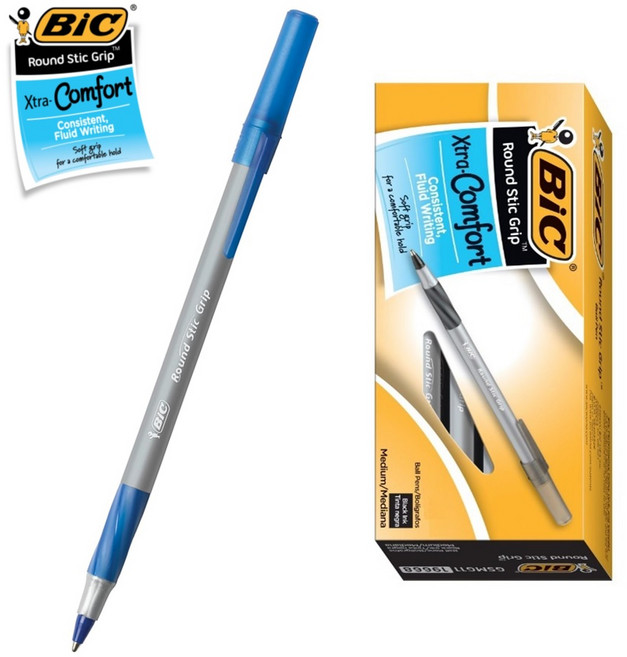 BIC 볼펜 라운드스틱 그립 1.0mm Grip 빅볼펜 12P, 12개, 블루