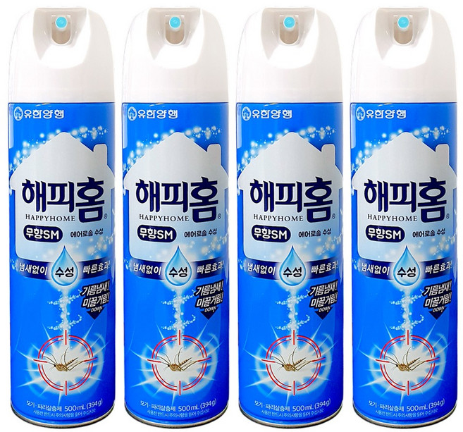 해피홈 유한양행 에어로솔 수성 살충제 무향, 500ml, 4개