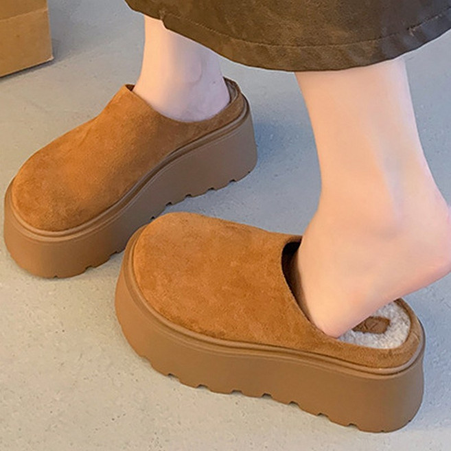 안녕릴리 여성 스웨이드 플랫폼 퍼 안감 뮬 슬리퍼