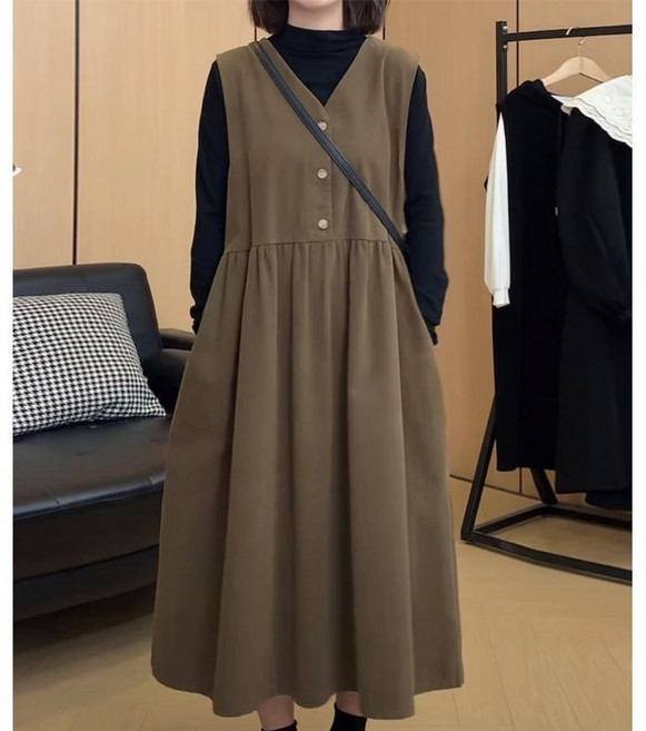 孕婦裝秋冬洋裝連身裙 大碼遮肉顯瘦裙子女套裝春秋季新 長袖, 單件咖色裙子,3XL 建議（70-80公斤）