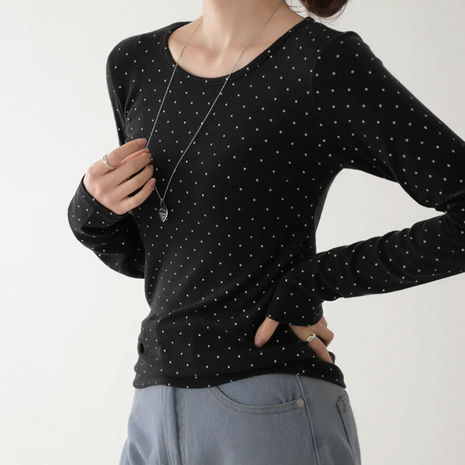 데일리앤 멘션 여성 부드러운 스판 기본 레이어드 도트 긴팔 티셔츠 봄 가을