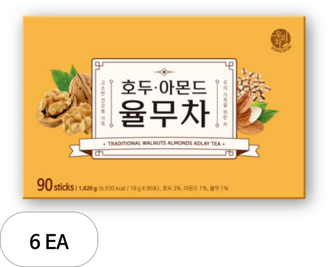 우리차 송원식품 호두 아몬드 율무차, 18g, 90개입, 6개