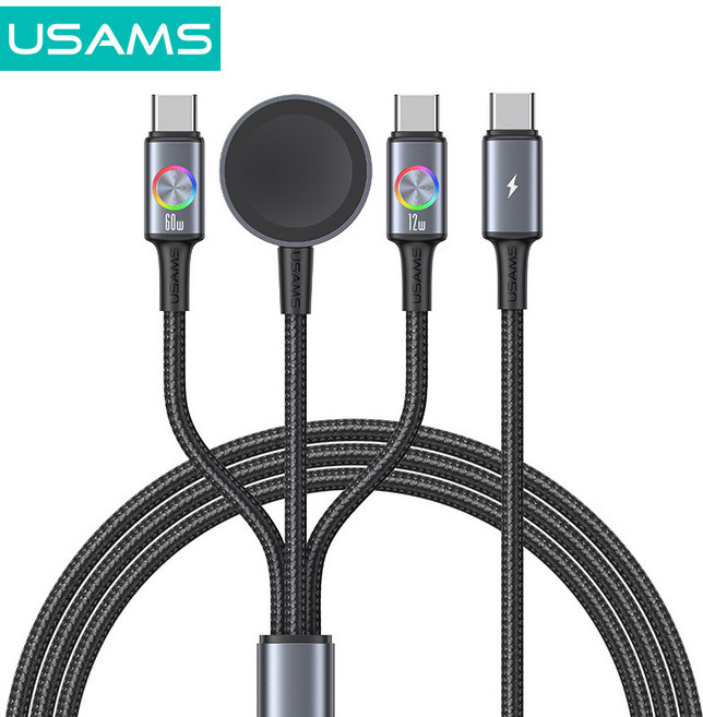 USAMS 60W 超快充三插頭充電線 iPhone iPad Apple Watch 數據線, 1個, 鈦黑