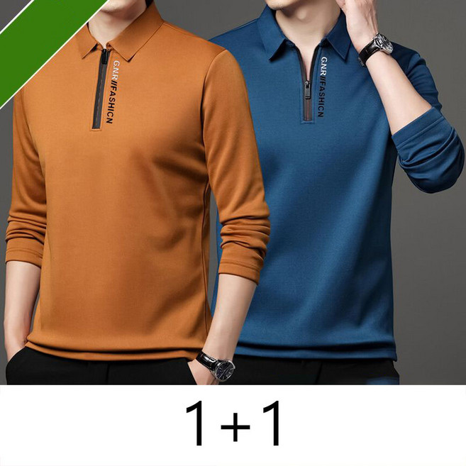 1+1 중년 남성 폴로넥 긴팔 티셔츠 캐주얼 봄 가을 터틀넥 긴팔티 루즈핏 남자 반집업 상의 CY