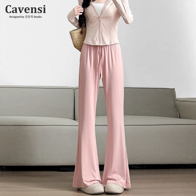【Cavensi】夏天降溫必備 S-4XL 冰絲防曬喇叭褲 加大 微喇褲 休閑褲 涼感長褲女 冰絲褲 微喇叭褲 A289