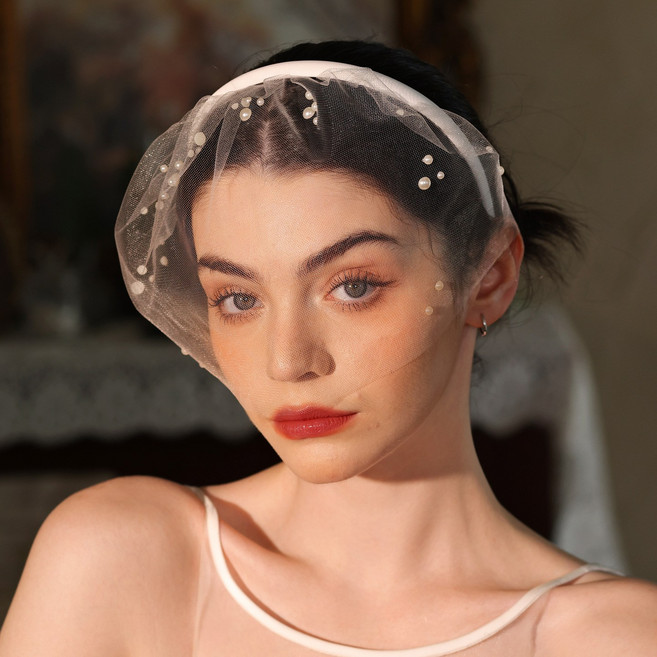 엘블랑꼬 진주 페이스 베일 머리띠 셀프웨딩 촬영 소품 헤어 악세사리 면사포
