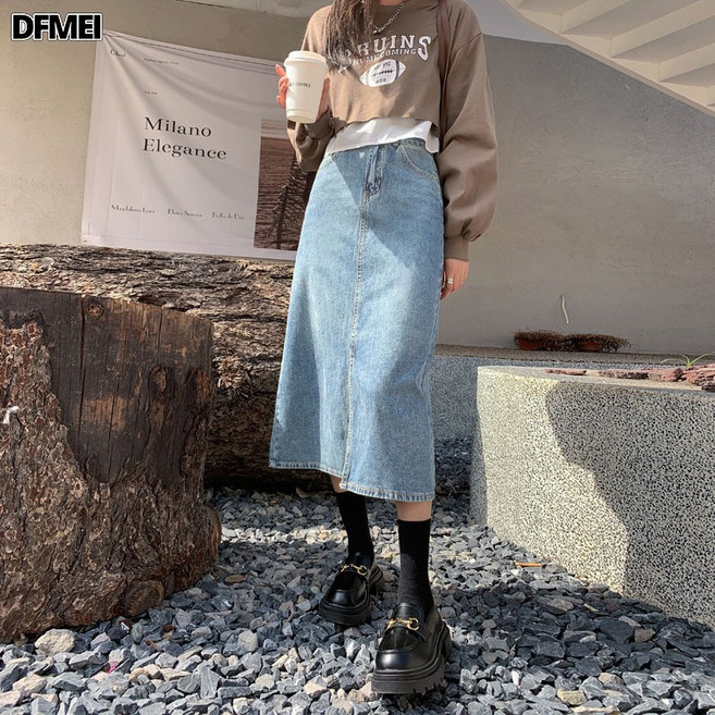 DFMEI 春季女裝中長款裙子高腰顯瘦A字裙2023春裝牛仔開叉半身裙子