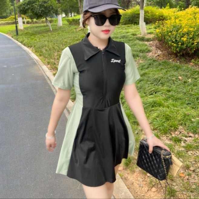 지고다그 여성용 여름 긴팔 원피스 수영복 빅사이즈 군살커버 체형보정 래쉬가드 ZXC42456, 그린