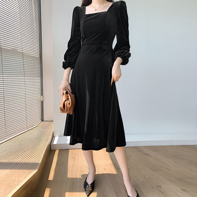 라뷰드 연말 파티 벨벳 스퀘어넥 원피스 여성 겨울 고급 하객룩 긴팔 소매 퍼프 셔링 오피스룩 빅사이즈 오피스룩 슬림핏 미디 롱원피스