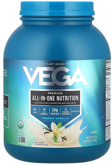 Vega 유기농 식물 기반 단백질 프리미엄 올인원 뉴트리션 프렌치 바닐라 맛 1.6kg(3lb 10.1oz) Vega (베가), 분말, 1.6kg, 1개 - 쿠팡
