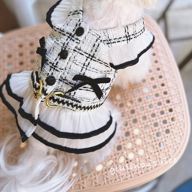 강아지 체크원피스 애견옷 스커트 하네스 리드줄 포함, 1개, 화이트블랙체크