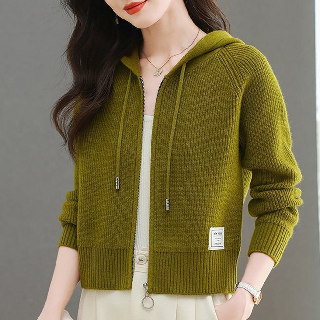 ROYALBELLE 여성 니트 후드 긴팔 집업 숏기장 심플 기본 가디건 K0011332