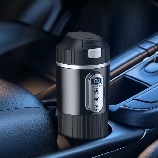 Mochae 차량용 전기포트 3단계 조절 히터 LED 온도표시 스텐 텀블러 휴대 화물차, 1개, 500ml, 블랙