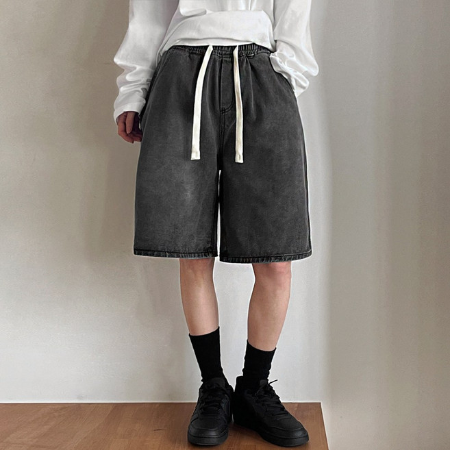 잇진 여성 5부 워싱 버뮤다 데님 팬츠 와이드 밴딩 청반바지