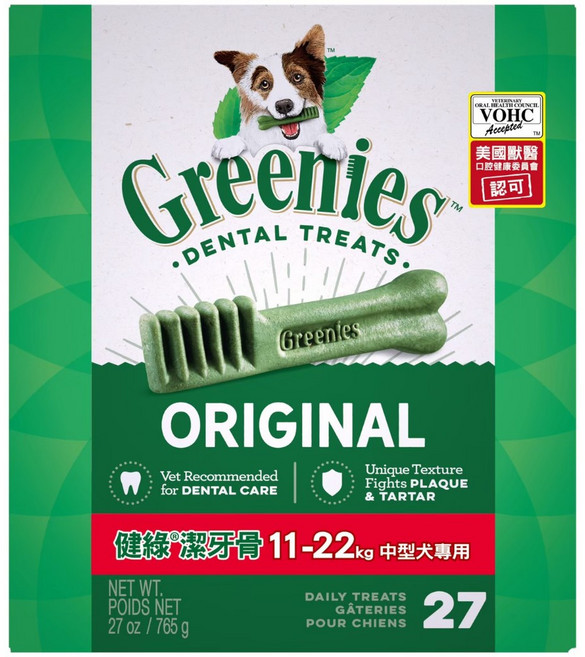 喜花貓健綠潔牙骨盒裝27oz 迷你-96支 小型-45支 中型-27支 狗零食 牙刷 牙膏 口腔, 1個, 【原味 11-22公斤用】27oz(盒)