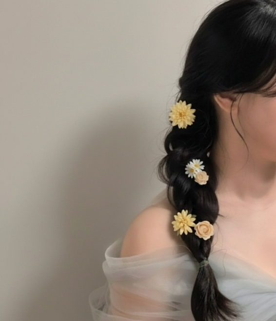 플로리아 셀프웨딩 헤어꽃장식 신부 플라워핀 웨딩촬영 공연소품 무대연출 헤어악세사리, 1세트, 옐로우