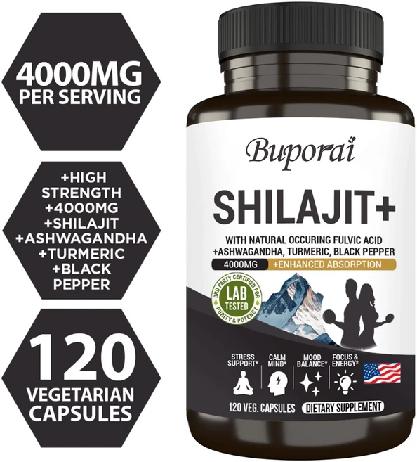 순수 히말라야 실라짓 4000mg 최대 효능 유기농 캡슐 풀빅산 및 미량 미네랄 함유 에너지 강화 및 면역 지원 남성 및 여성 실라짓 수지보다 우수, 1개, 60정 - 쿠팡