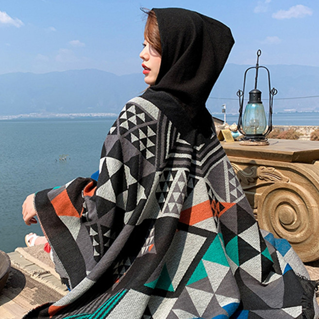 보헤미안 판초 몽골여행 바람막이 후드형 망토