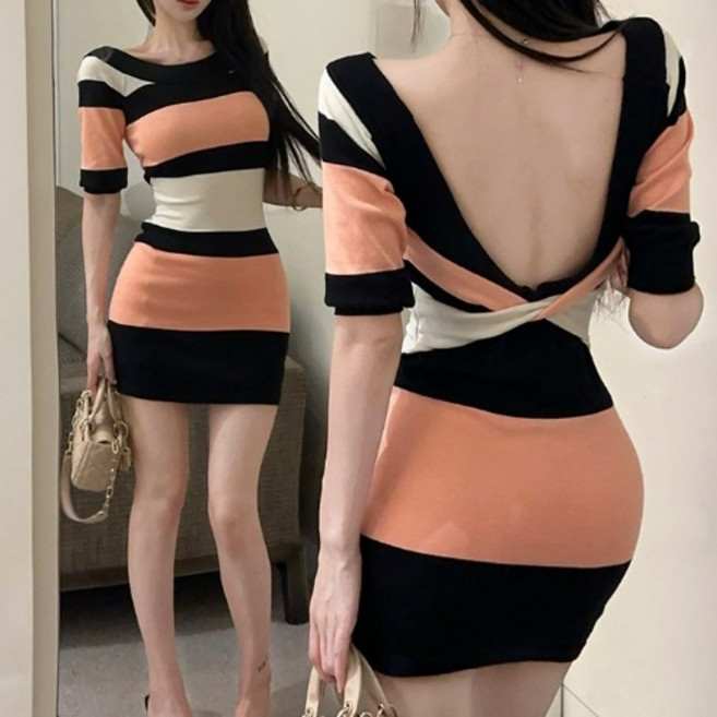 히또리 X4507 캐주얼 스트라이프 백리스 오프숄더 미니 원피스