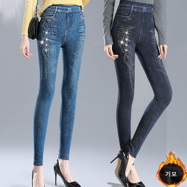 MOSAIRATION 여성 밴딩 하이웨스트 슬림핏 큐빅 포인트 데님 레깅스 바지 V0120449