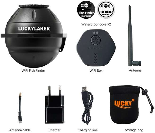 휴대용 어군탐지기 낚시 어탐기 감지기 수중카메라 낚시용 럭키 스마트 WiFi 120M 범위 45M 깊이 무선 소나 iOS/안드로이드 낚시 수심 탐지기, 검정색