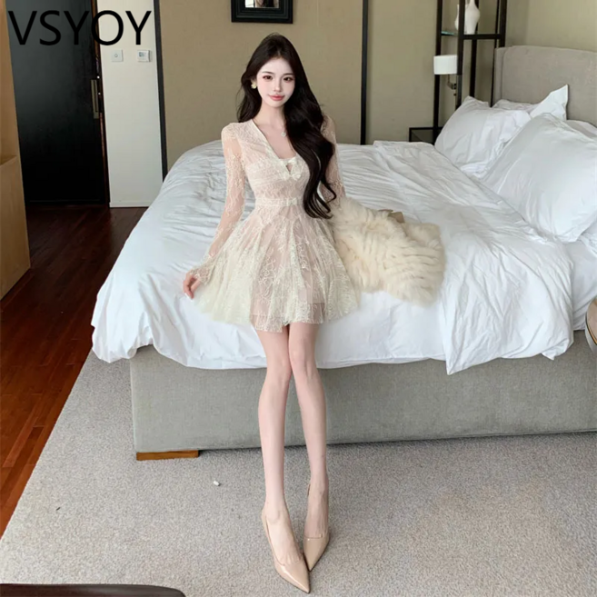vsyoy 프랑스 하이 엔드 느낌 슈퍼 잘 생긴 V 넥 허리 레이스 투투 스커트 관대 한 괜찮은 아름다운 원피스 가을