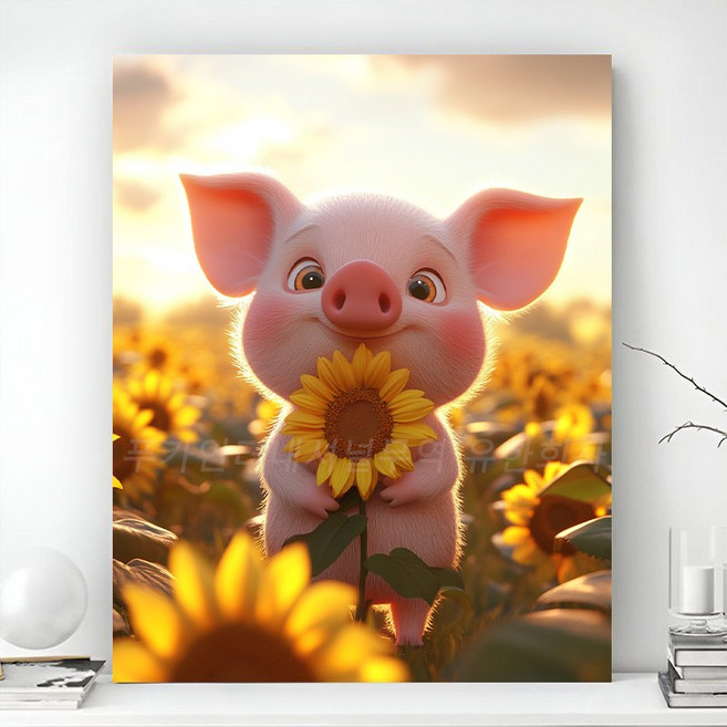 돈들어오는 보석십자수 액자 캔버스형 DIY 키트 풍경 동물 꽃식물 풍수 그림 선물용 객실 인테리어 거실 장식 수제 비즈 십자수 40x50cm, 1개, PK-32 아기돼지 해바라기