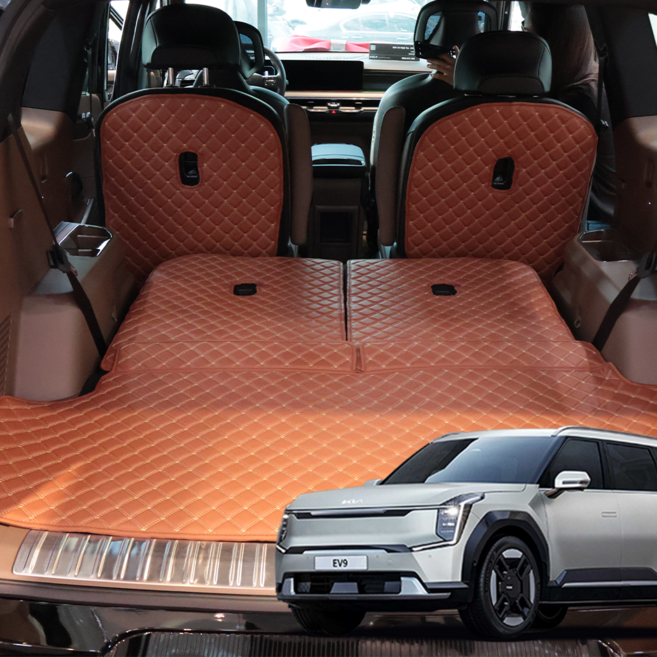 기아 EV9 호환 가죽 퀄팅 트렁크매트 트렁크 바닥, 트렁크매트 + 등받이, 브라운, EV9 7인승