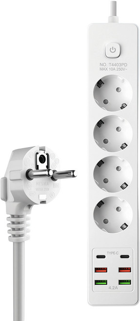 2PD+4USB 멀티탭 고용량 콘센트 누전차단 과부하 차단 절전 멀티탭, 1개, 흰색 4구 PC2500W, 2m