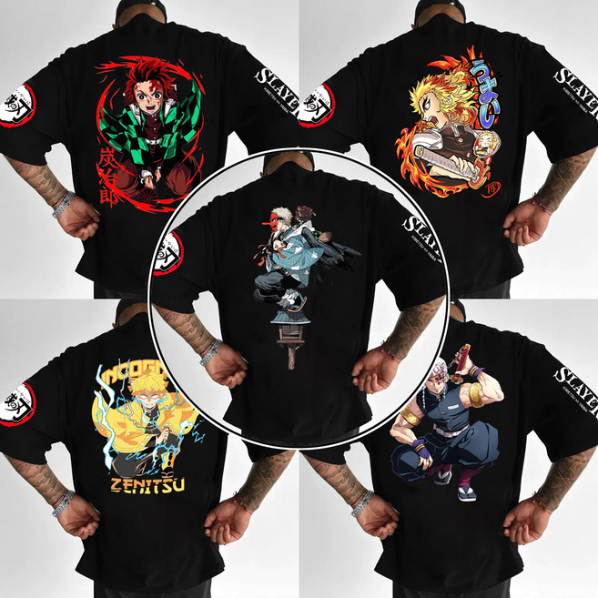 귀멸의 칼날 탄지로 네즈코 빅블랙 반팔티 100-110 쿄쥬로 젠이츠 텐겐 옷 애니 캐릭터 티셔츠